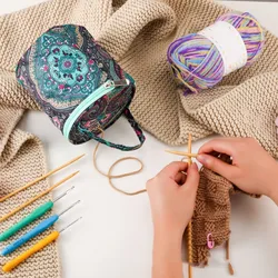 1pc Yarn Storage Tote Bag; Short Perforated Yarn Storage Bucket; Round Crochet Bag For Knitting Yarn; DIY Accessory Bag