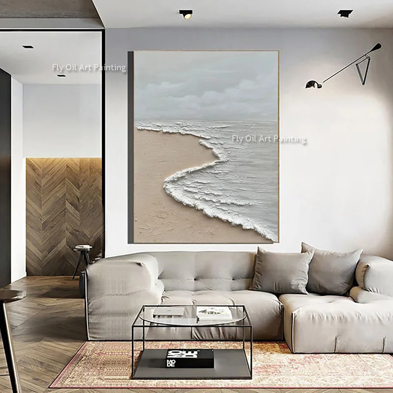 

Handmade Abstract Beige White Seawave Thick Canvas Artwork Black Blue White Seascape Oil Painting Large Home Decor As Gifts