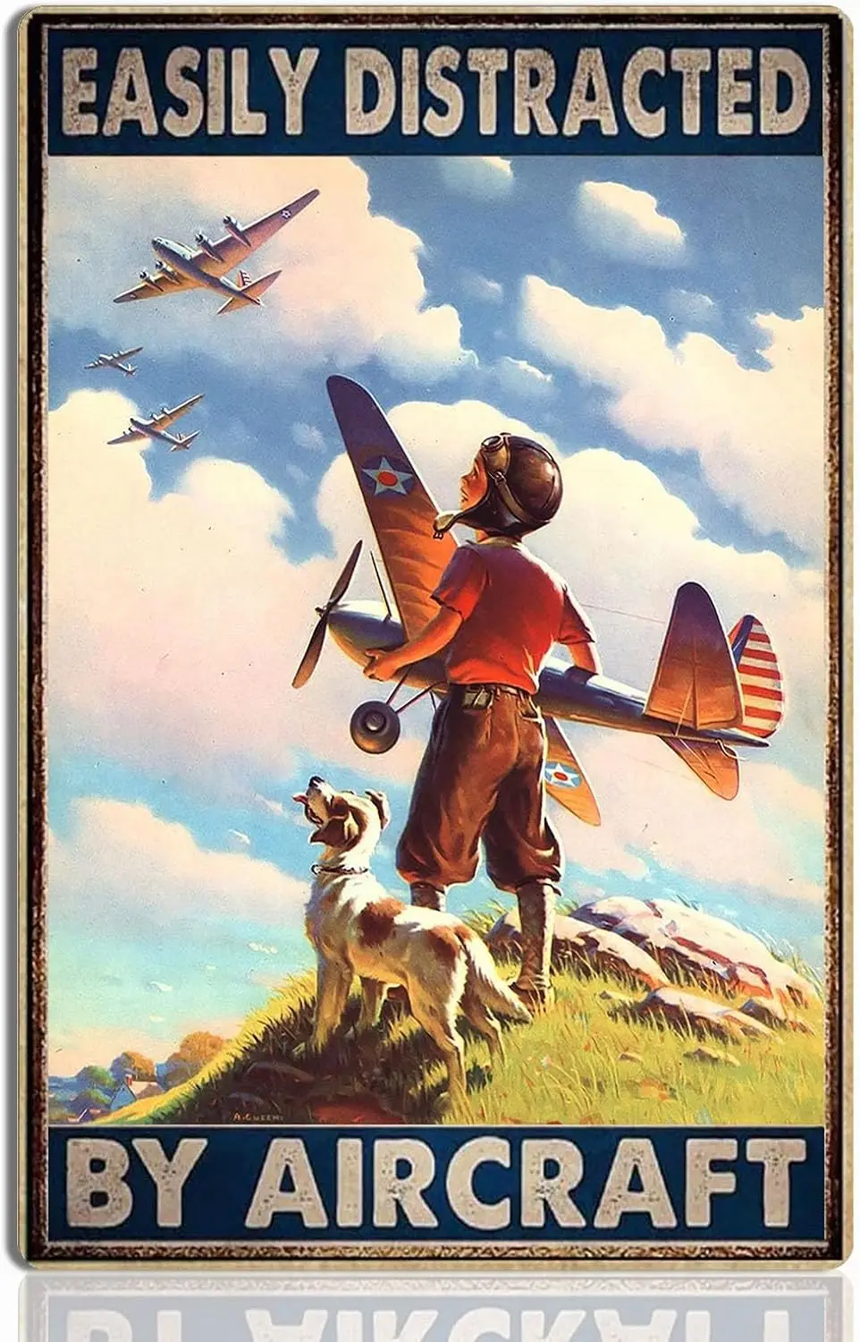 Decoração de Avião - Arte de Parede de Aviação - Placa de Metal Vintage de Avião - Pôster Retrô de Avião para Meninos - Facilmente Distraído por Aviões