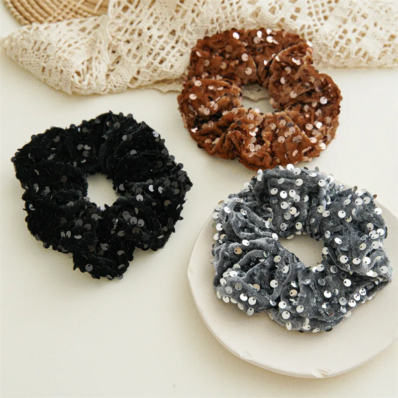 New Fashion Glitter Sequin Velvet Scrunchies Party Hair Accessories Solid Head Bands Elastic Hair Rope Hair Ties For Women Girls