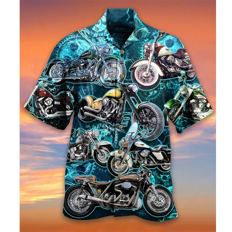 Vintage Motorcycle Graphic Shirts For Men Fashion Casual Short Sleeve Button Lapel 3D Printed Shirt Loose Harajuku Blouse New