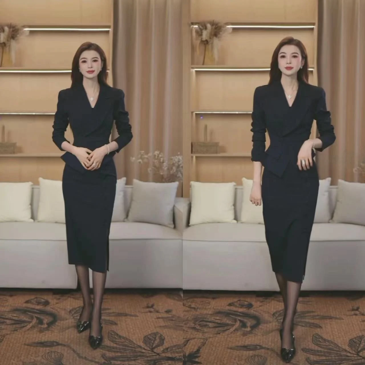 

Элегантный деловой костюм-двойка: юбка и пиджак, с высокой талией, из полиэстера, с длинным рукавом, V-образным вырезом, на пуговицах, приталенный, модный