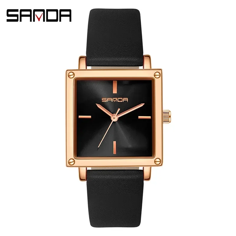 Sanda 1068 Beautiful Three Needles Rectangle Dial Water Resistant Quartz Movement Business Women Elegant Analog Wrist Watch