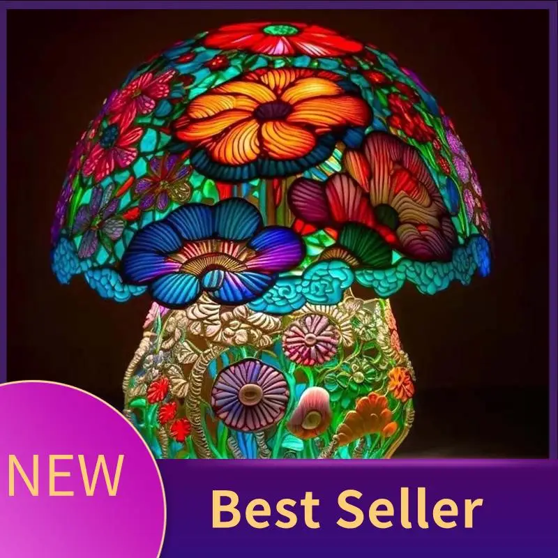 

ABHI-Creative Stained Glass Mushroom Table Lamp Vintage Animal Plant Series Shaped Resin Bedroom Decora Household