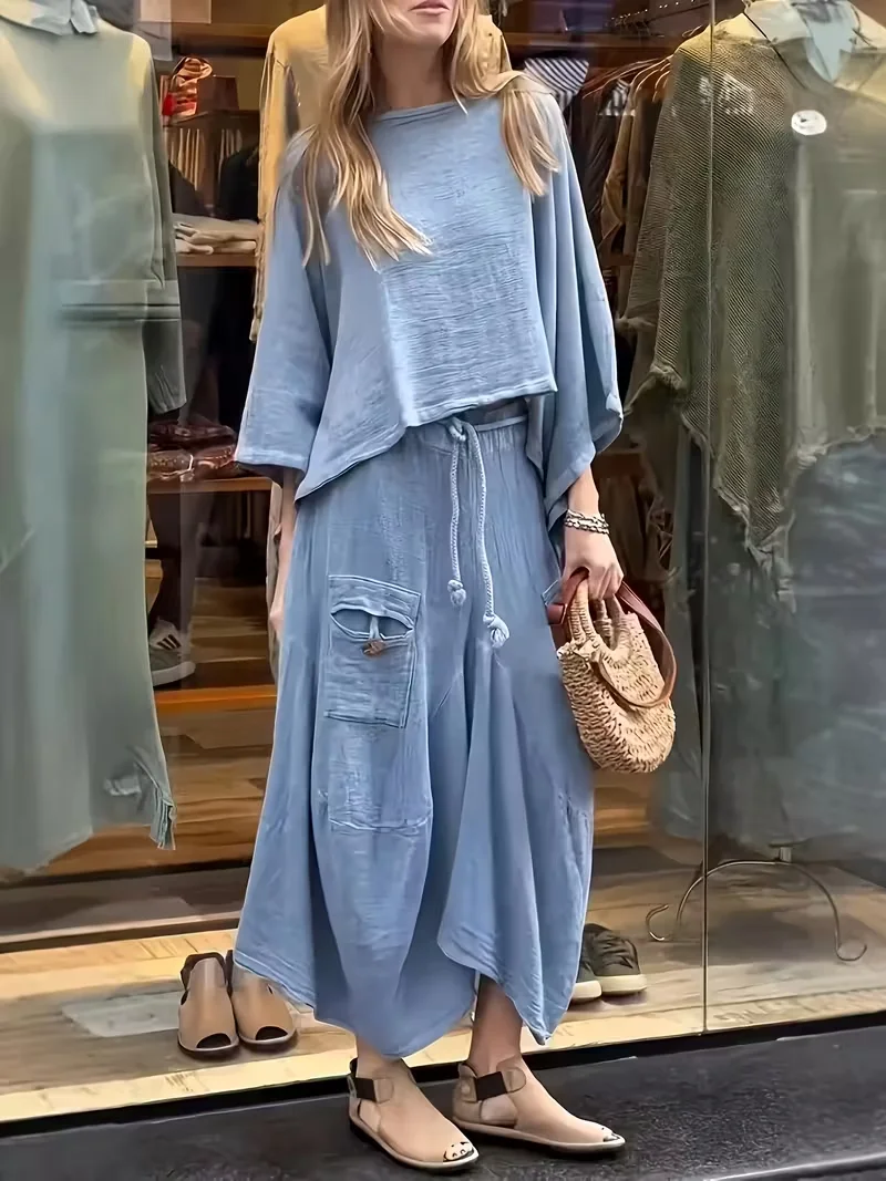 ツーピース レディース シックなバットウィング ケープ シャツとアシンメトリー アンクル スカート ストリートウェア セット（ポケット付き）