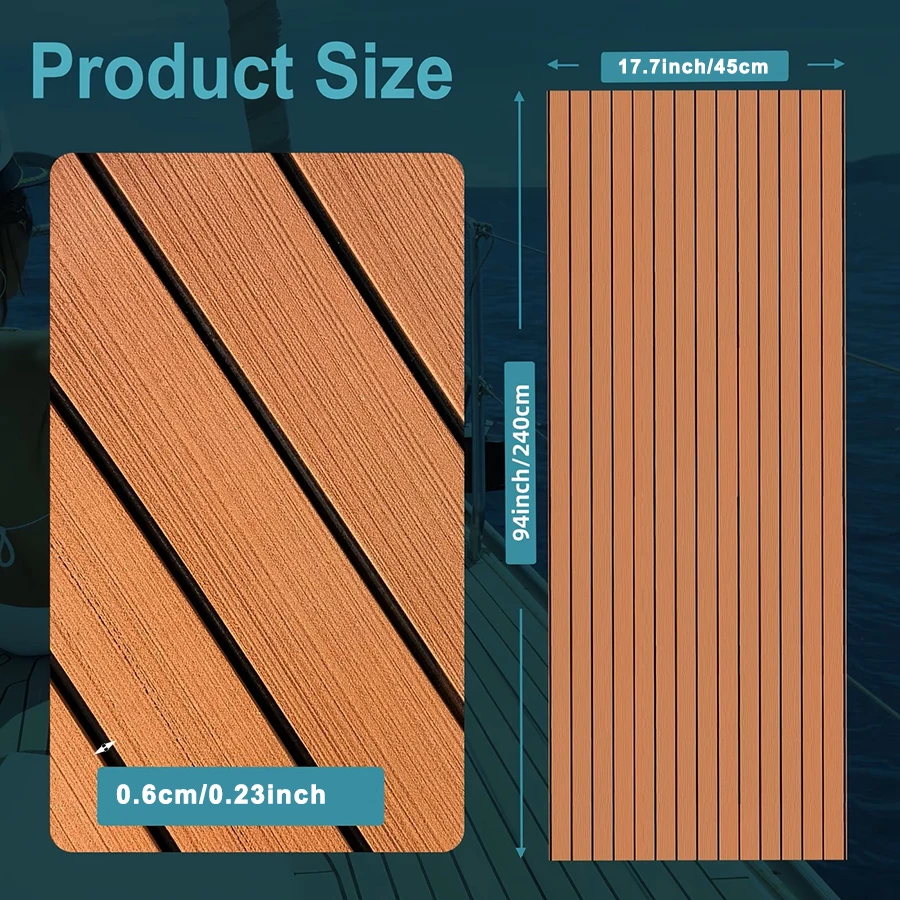 240*45cm EVA Foam Teak Floor Mat 6mm Thick Anti-Slip Self-Adhesive Pad Cuttable Waterproof Marine Carpet for Boat Deck RV Yacht