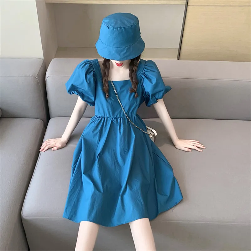 

2026 Summer New Fashion Women Mini Dress Vintage High Waist Square Collar Cute Dress Cotton Linen Puff Sleeve Dress Vestidos