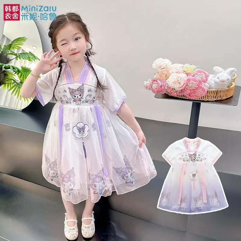 

Kuromi Summer Kawaii Sanrio Anime Baby Short Sleeve Shirt Girls Summer Cute Children Princess Skirt Clothes Gifts for Kids