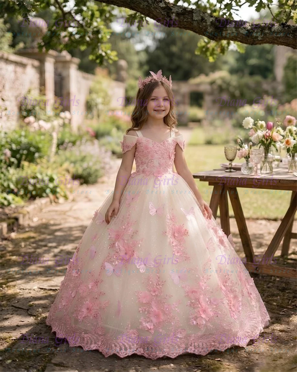 

Quality Luxurious Pink Tulle Fluffy Flower Girl Dress With Exquisite Pink Applique For Kids Wedding Birthday Evening Ball Gowns