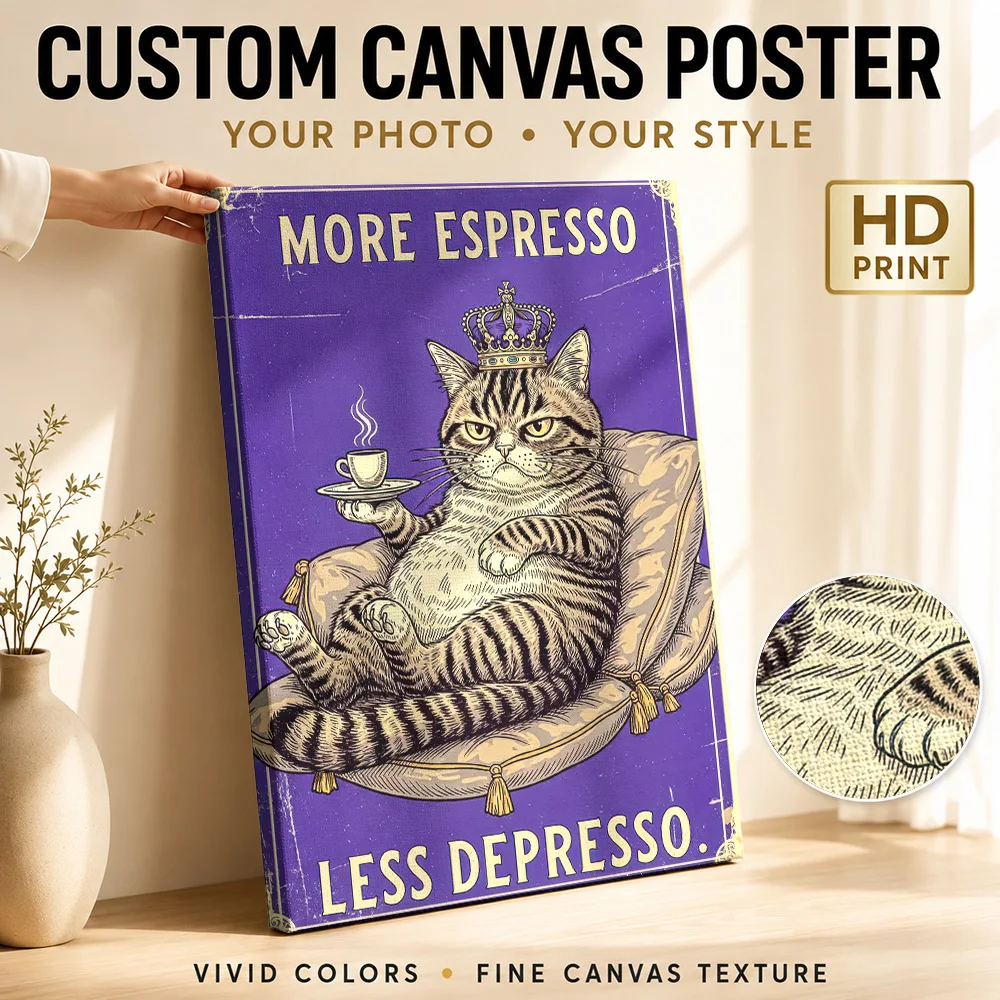 More Espresso, Less Depresso Cat Canvas Print Poster Custom Funny Animal Canvas Wall Art for Bedroom Decor Gift for Collectors