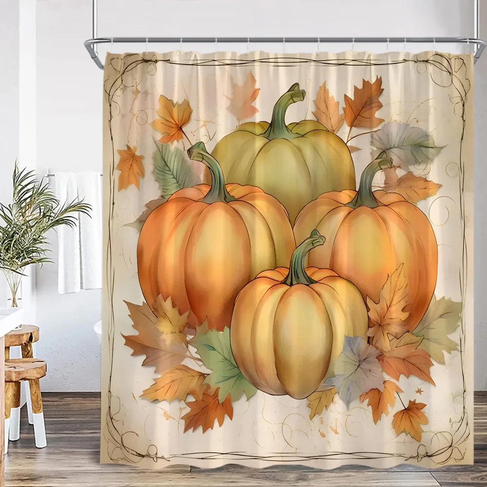 Pumpkin Patch Autumn Shower Curtain Farmhouse Harvest Season Home Decor for Bathroom Maple Fall Polyester Bath Curtain with Hook