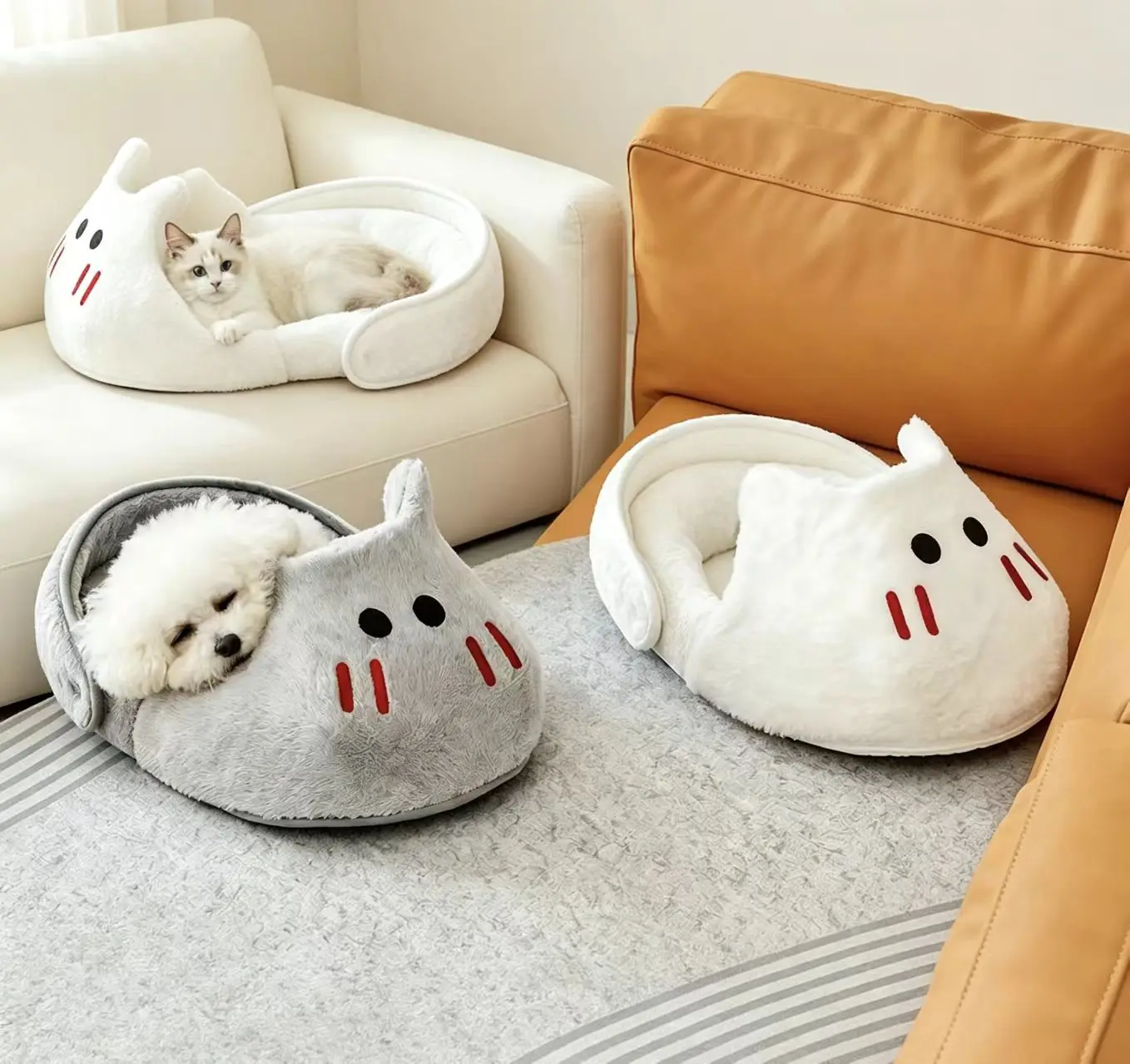 Semi‑Enclosed Slipper Cat Bed Soft Fluffy Warm Pet Nest Comfort Sleeping Cave House Non‑slip Kennel for Small Medium Cats Puppie