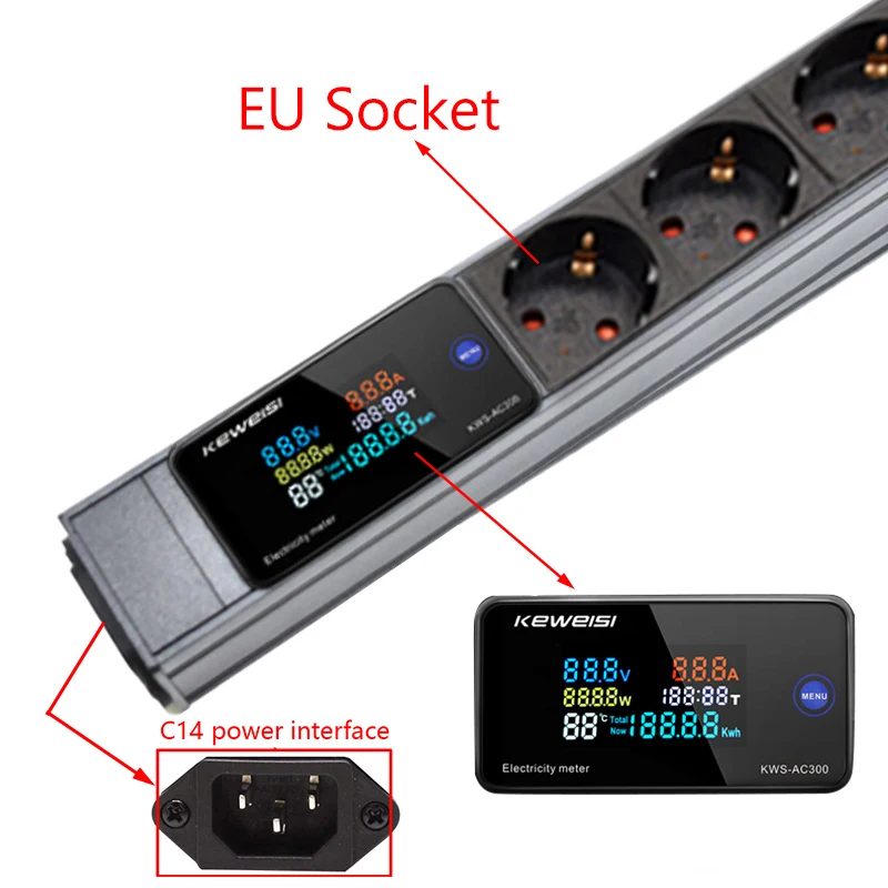 European socket Power Strip Digital Ampermeter Power Energy Voltmeter Ammeter Metal Sehll C14 interface extension electrica