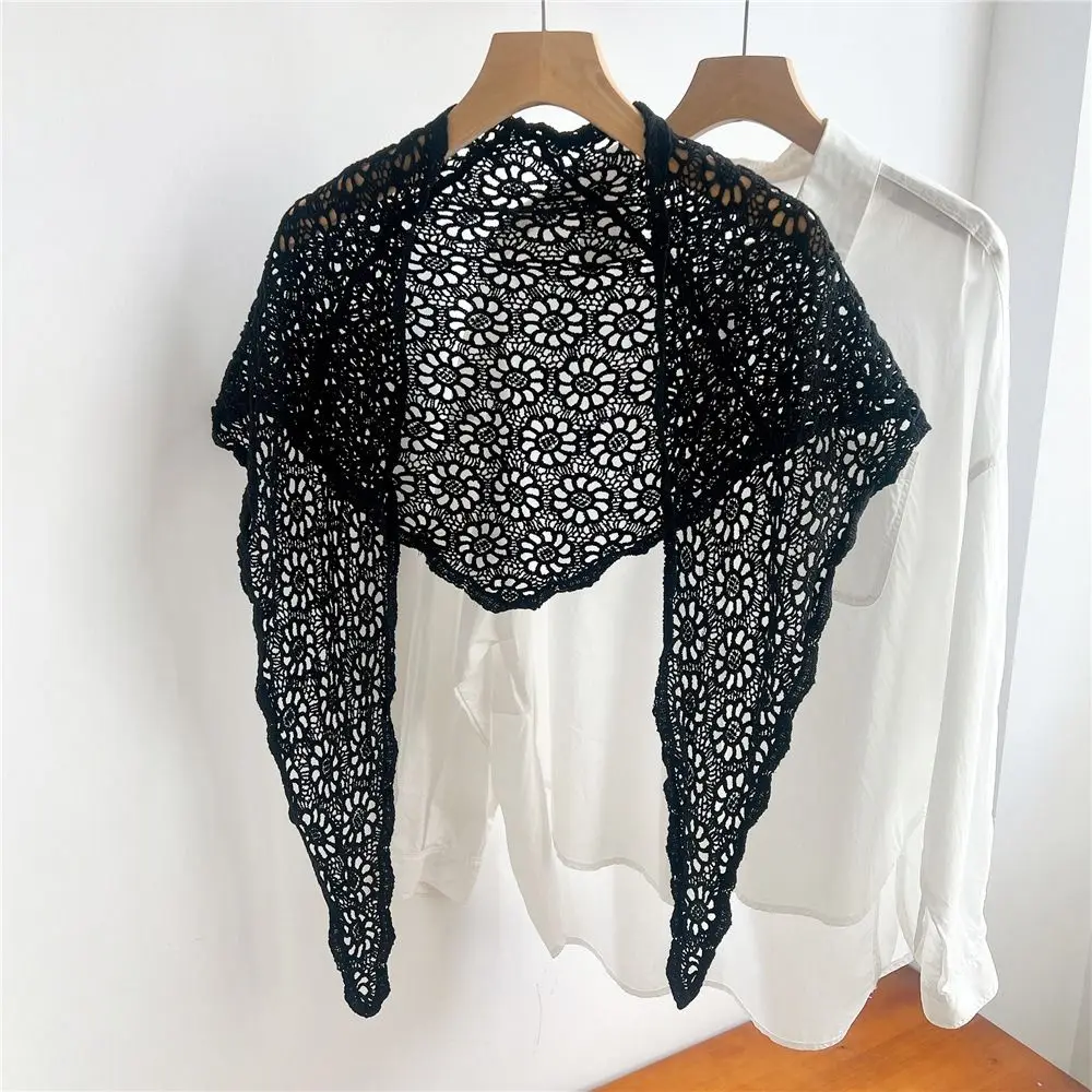 

Retro Fake Collar Knitted Triangle Scarf Ethnic Style White Hollow Out Lace Shawl Wraps Cape Fart Curtain Women