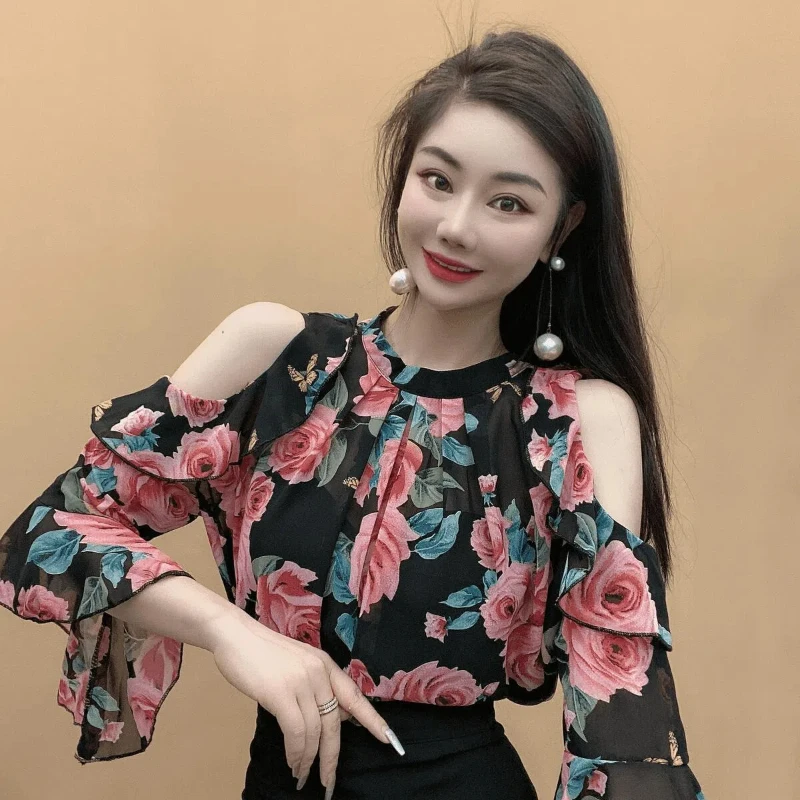 Lotus Leaf Edge Shoulder Hanging Neck Chiffon Shirt New Korean Style Temperament Trumpet Sleeve Floral Top Fashion Floral Shirt
