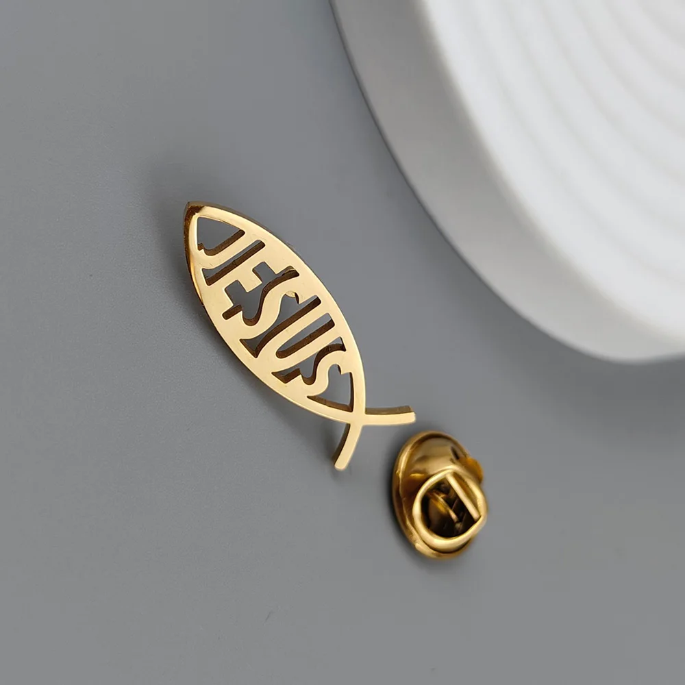 Trendy religious elements brooch Jesus fish shape JESUS ​​letter lapel pin, clothing bag decoration, popular religious jewelry view 4