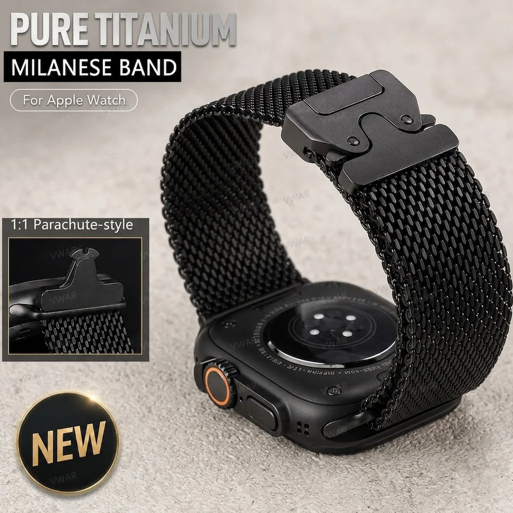 

Titanium Band for Apple Watch Ultra 3 2 49mm Series 11 10 9 8 7 SE Natural Titanium Milanese Loop Strap Secure Parachute Buckle