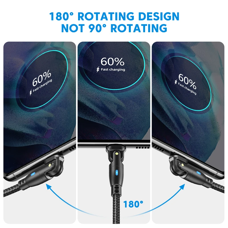 AUFU 3A 고속 충전 케이블 C 타입, 삼성 180 회전 아이폰 케이블, 마이크로 USB 충전기 데이터 코드, 샤오미 리얼미 포코 F3 용