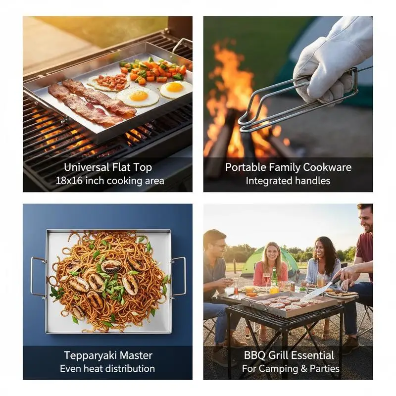Universal Flat Top Griddle 18x16 Inch For Camping Tailgating Party, Rectangular Hot Plate Family Cookware Built-in Handles Gas Grill Attachment Teppanyaki Surface Outdoor Cooking Pan view 5