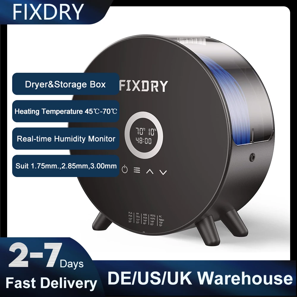 

FIXDRY NT2 Filament Dry Box for 3D Printer 360º Hot-Air Heating Adjustable Temperature 45℃-70℃ Real-time Humidity Monitor Dryer