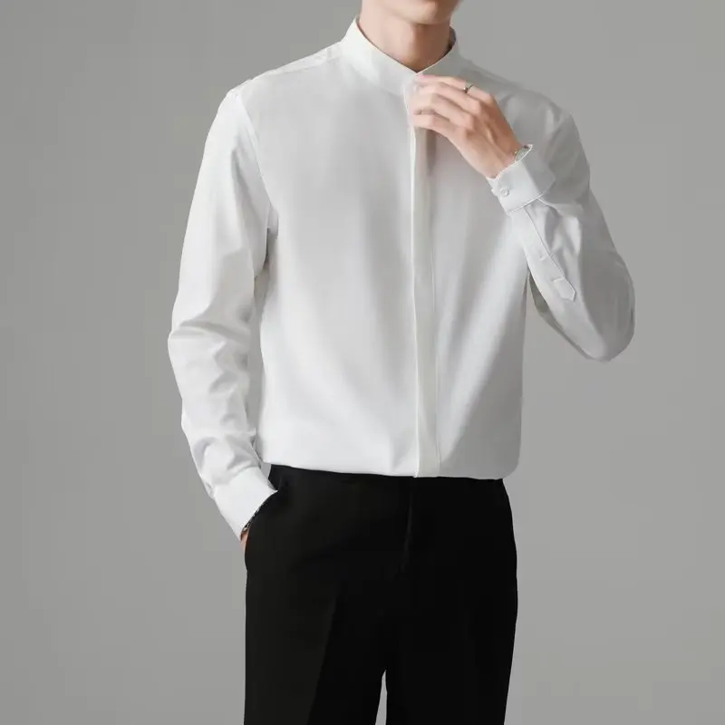 قمصان كاملة الأكمام للرجل فستان رسمي Camisa Social Masculina Luxo 2025 قميص رجالي أنيق بياقة واقفة قميص عمل اجتماعي للأعمال