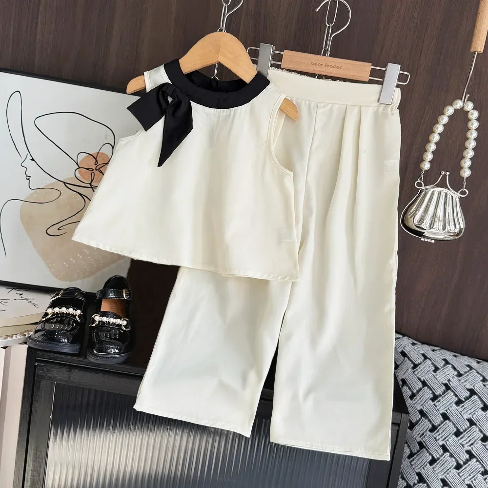 Bear Leader 2025 Summer Korean Version 3-7 Years Girls Suit 3D Bow Sleeveless Top+wide Legs Pants 2-Pcs Set  New Kids Clothing image 4