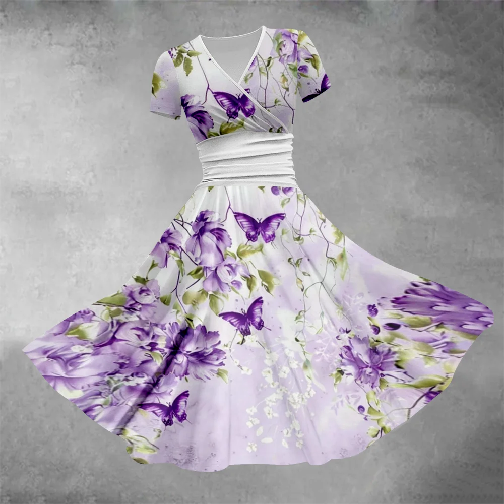 Brilliant Purple Elegance Field Floral Print Elegant Dresses Short Sleeve V-Neck High Waist Swing Dance Party Dress