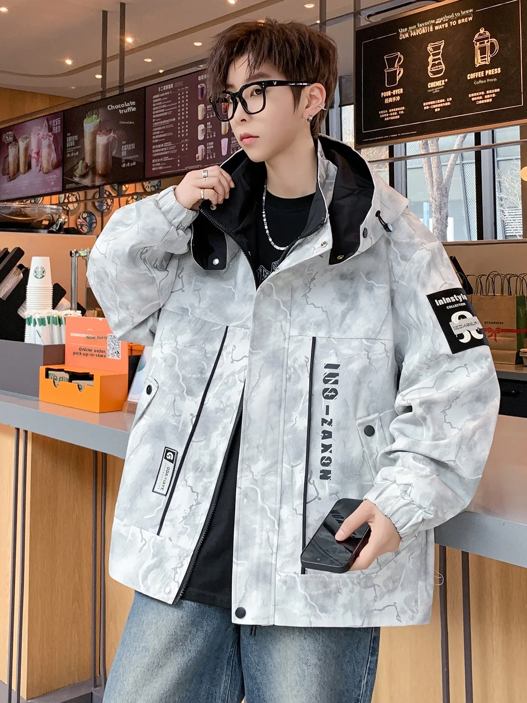 

Повседневная свободная куртка с капюшоном для мужчин, тонкая, с принтом, со съемным капюшоном, верхняя одежда для подростков, легкая рабочая куртка