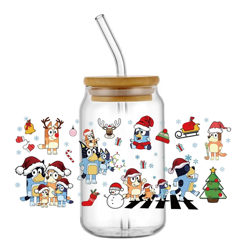 Miniso Christmas Cartoon Dog 3D UV DTF Sticker For Glass Cup Can Wrap Transfer Decal Sticker Custom Labels DIY Logo Gift