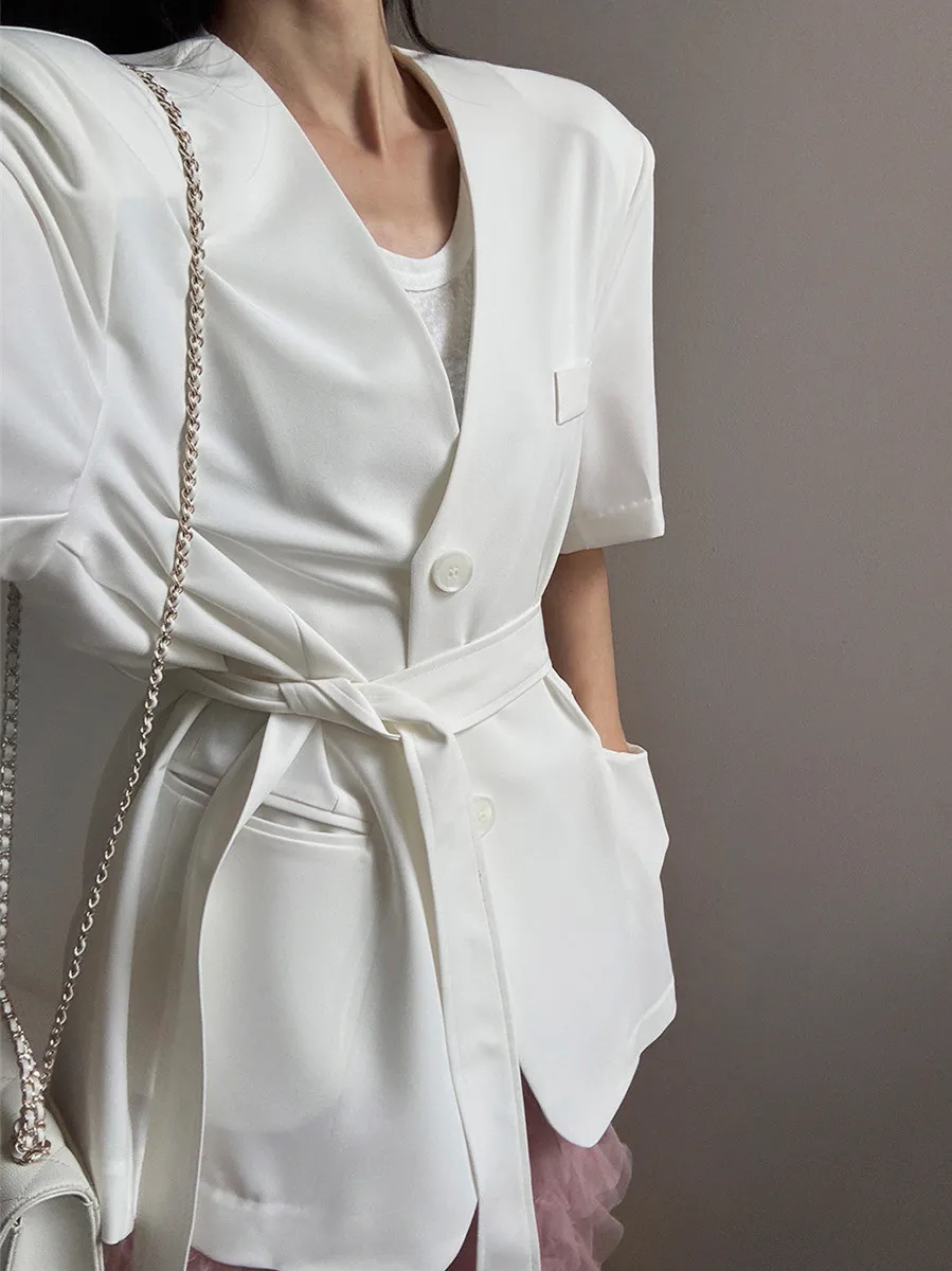 

Loose Fit Shoulder Pad Women's Suit Jacket with Big Pockets Two Buttons Waist Cinching Trendy Cotton Blend Short Sleeve