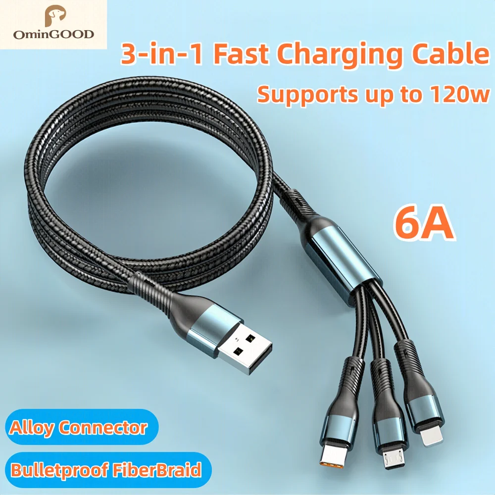 1-3PCS120W 6A 3 In 1 Fast Charging Cable Braided Alloy USB Data Cord For iPhone Samsung Xiaomi Huawei Micro Type C Phone Charger