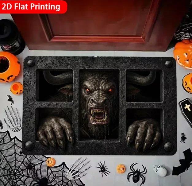 2D Flat Creative Visual Werewolf Breaking Through Door Entrance Mat, Foyer Optical Illusion Doormat, Colorful Non-Slip Mat