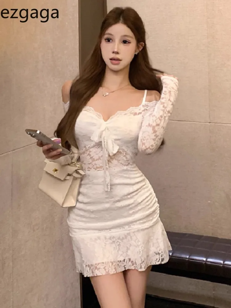 Ezgaga Mini Dresses Women Lace Patchwork Slash Neck Off Shoulder Ribbon Slim Backless Long Sleeve Party Dress Elegant Female