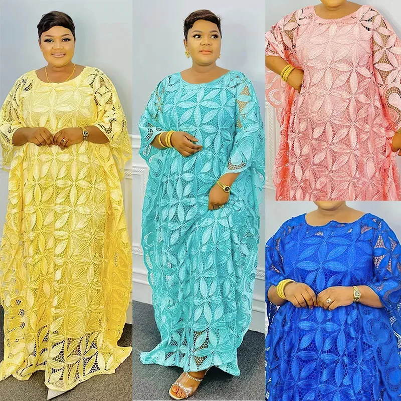 Summer Elegant African Women O-neck Pink Yellow Blue Plus Size Long Dress Lace African Robes Abaya African Dresses for Women