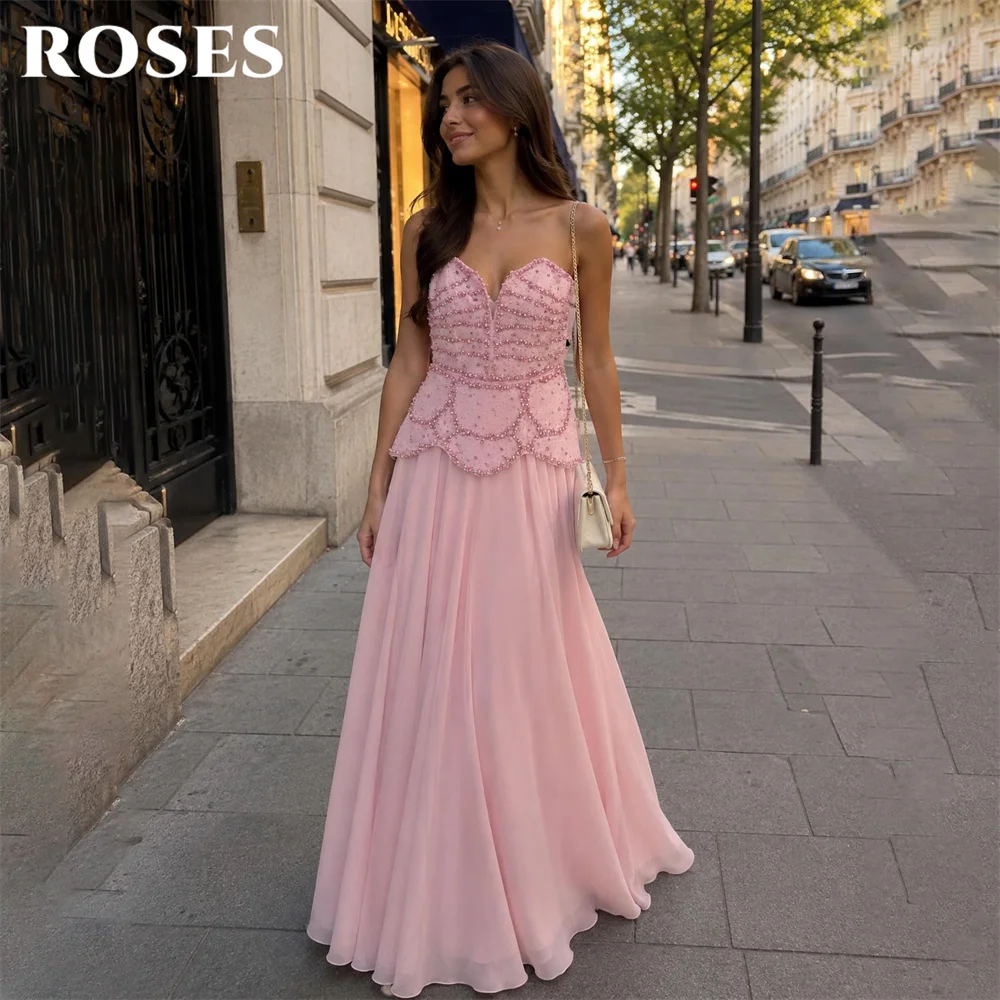 ROSES Pink Party Dresses Strapless Draped Neck Scarf Evening Dresses Beading On Chest فساتين السهرة A Line Chiffon Customized
