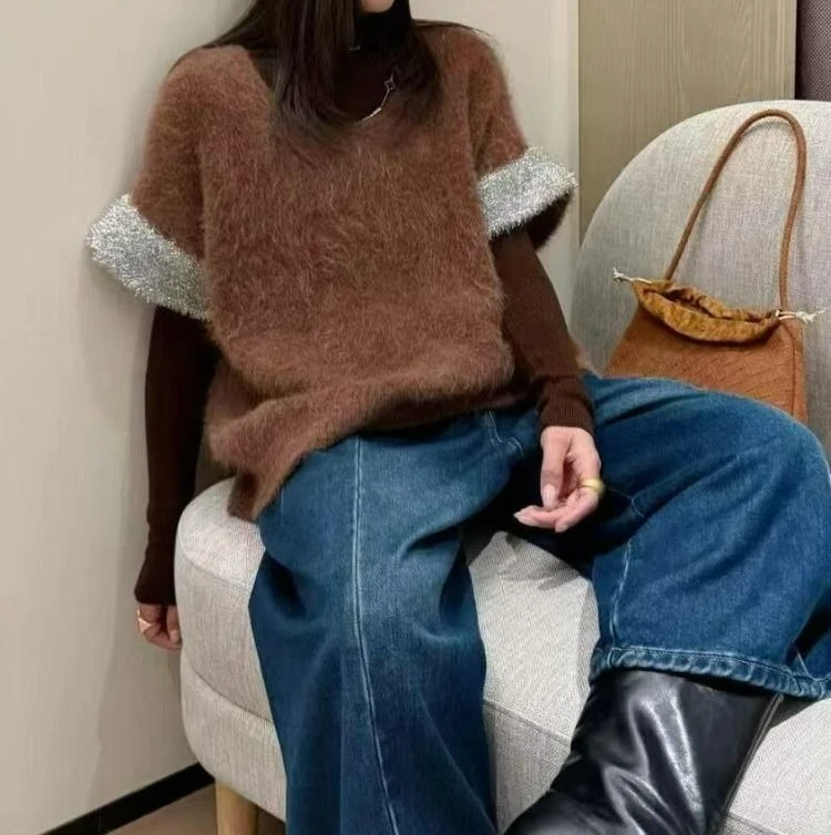 سترة محبوكة رقيق بأكمام قصيرة ملابس مكدسة ريترو راقية وسترة خريف وشتاء 2025