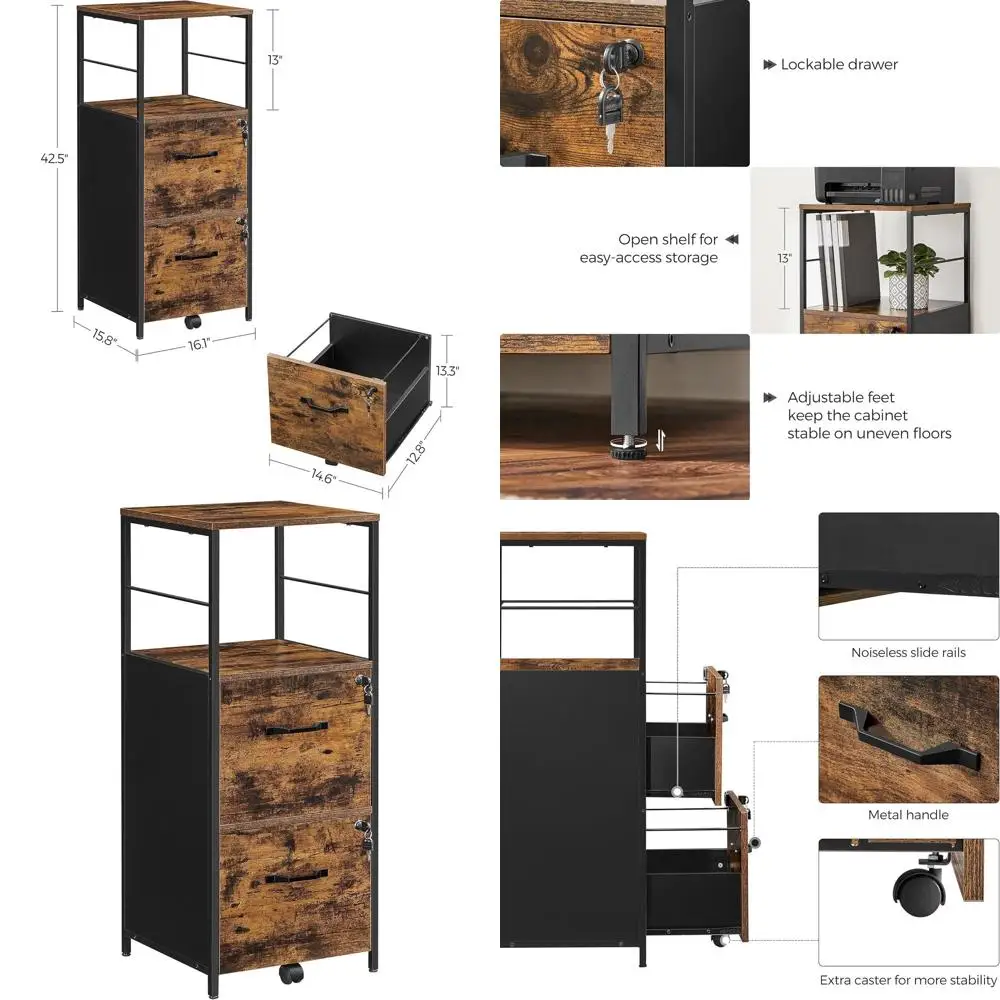 

2-Drawer Lockable Cabinet with Open Shelf, Printer Stand, A4 & Letter File Storage, Adjustable Feet, Industrial Style, Rustic Br