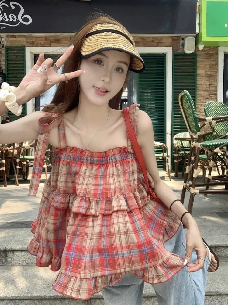 Y2K Hot Women Summer Acubi Japan Vintage Gyaru Tanks & Camis Lace Up Green Crop Top Plaid Strap Sleeveless Tank Tops Clothes view 4