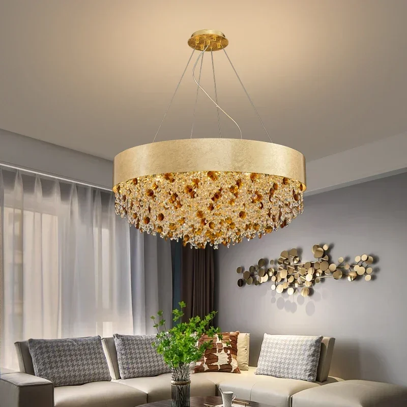 

Modern crystal chandelier for living room home decor hanging cristal lamp round gold led light fixture with dimmable
