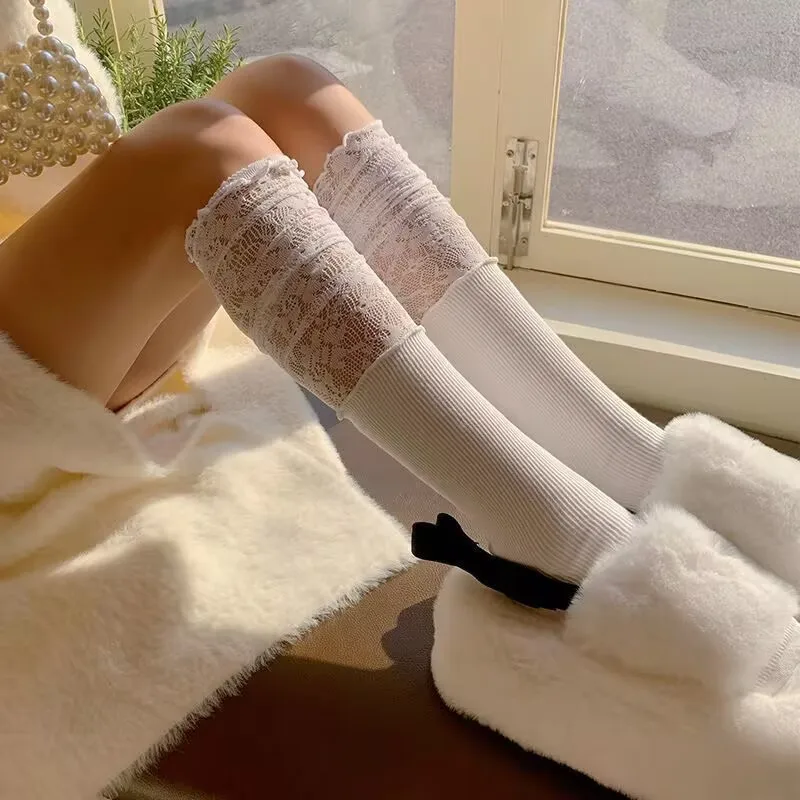 1/2 Paar Spitzen-Patchwork-Damen-Wadensocken, modische Retro-Stiefel im Ballett-Stil, gepaart mit weichen, bequemen, lässigen Strümpfen – Detail 4