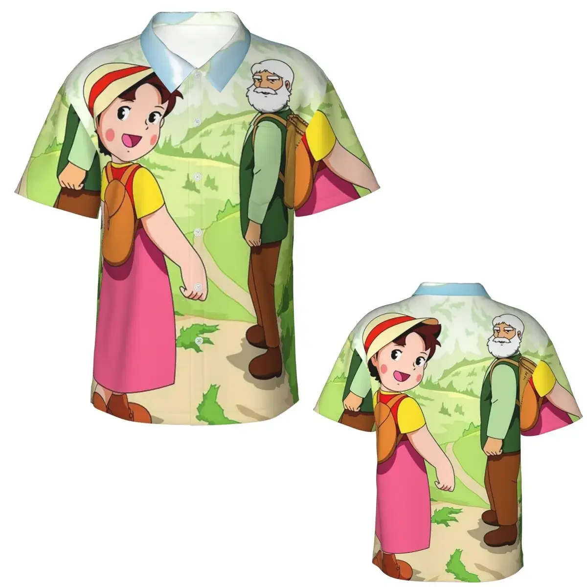 Anime Heidi Girl Of The Alps Peter Grandpa Hawaiian Shirts Funny Men Short Sleeve Shirt for Summer Beach Men's Button Tops