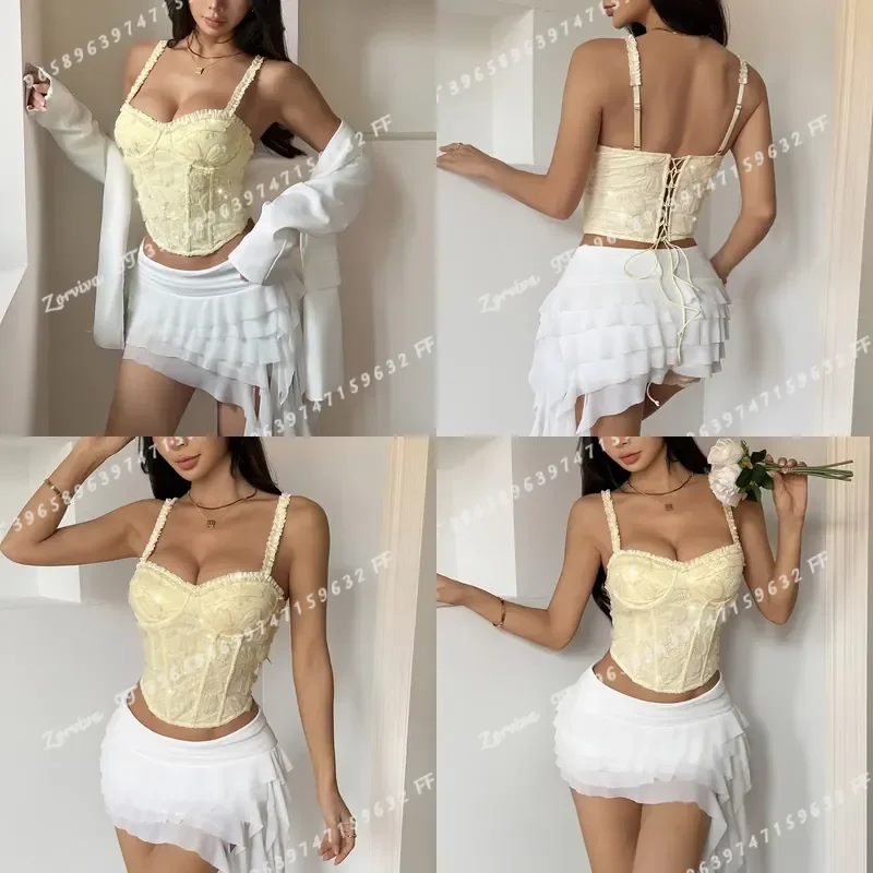Apricot Lace Corset Bustier Top with Ruffled Straps Floral Pattern Back Lace Up for Party Events Gatherings Women Fashion