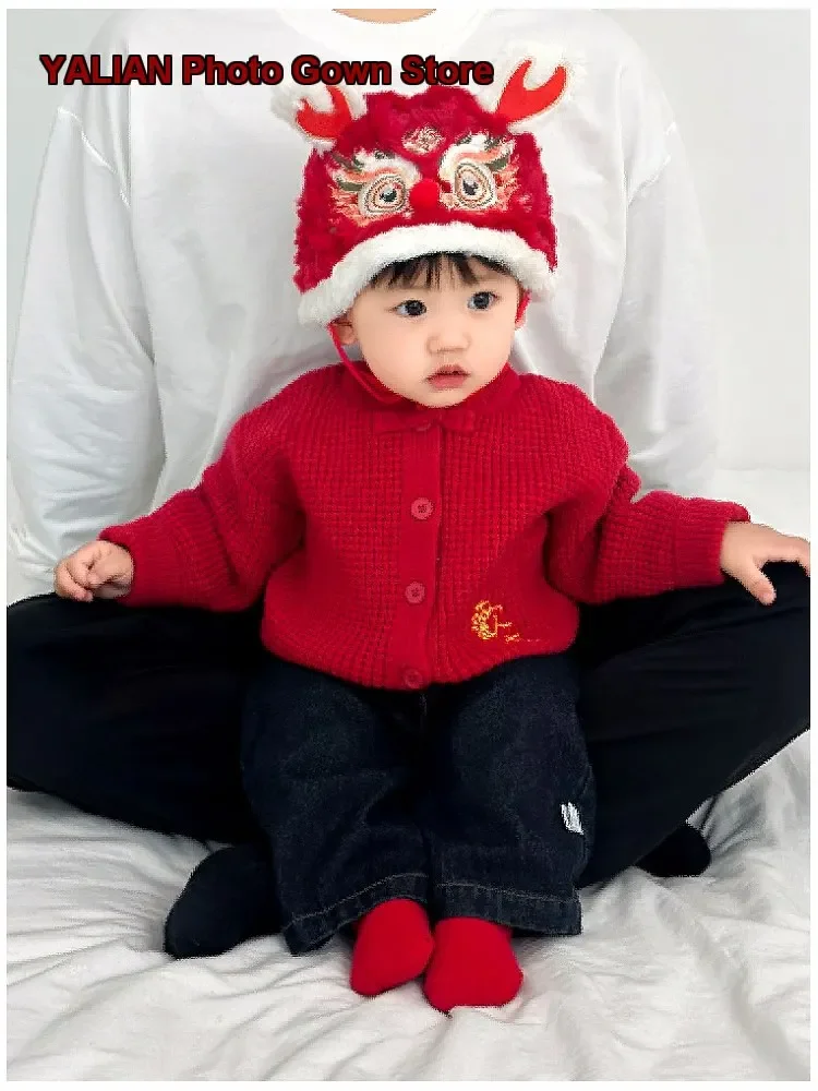 Girls Cardigan Kids Winter Chinese Style Knit Cardigan Solid Color Fleece Lined Thickened Warm Soft