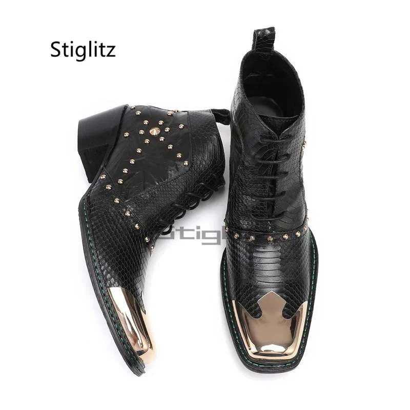 Black Cowhide Men's High Heels Boots Rivet Lace Up Anke Metal Square Toe Genuine Leather Chelsea Boots Stage Show Party Shoes