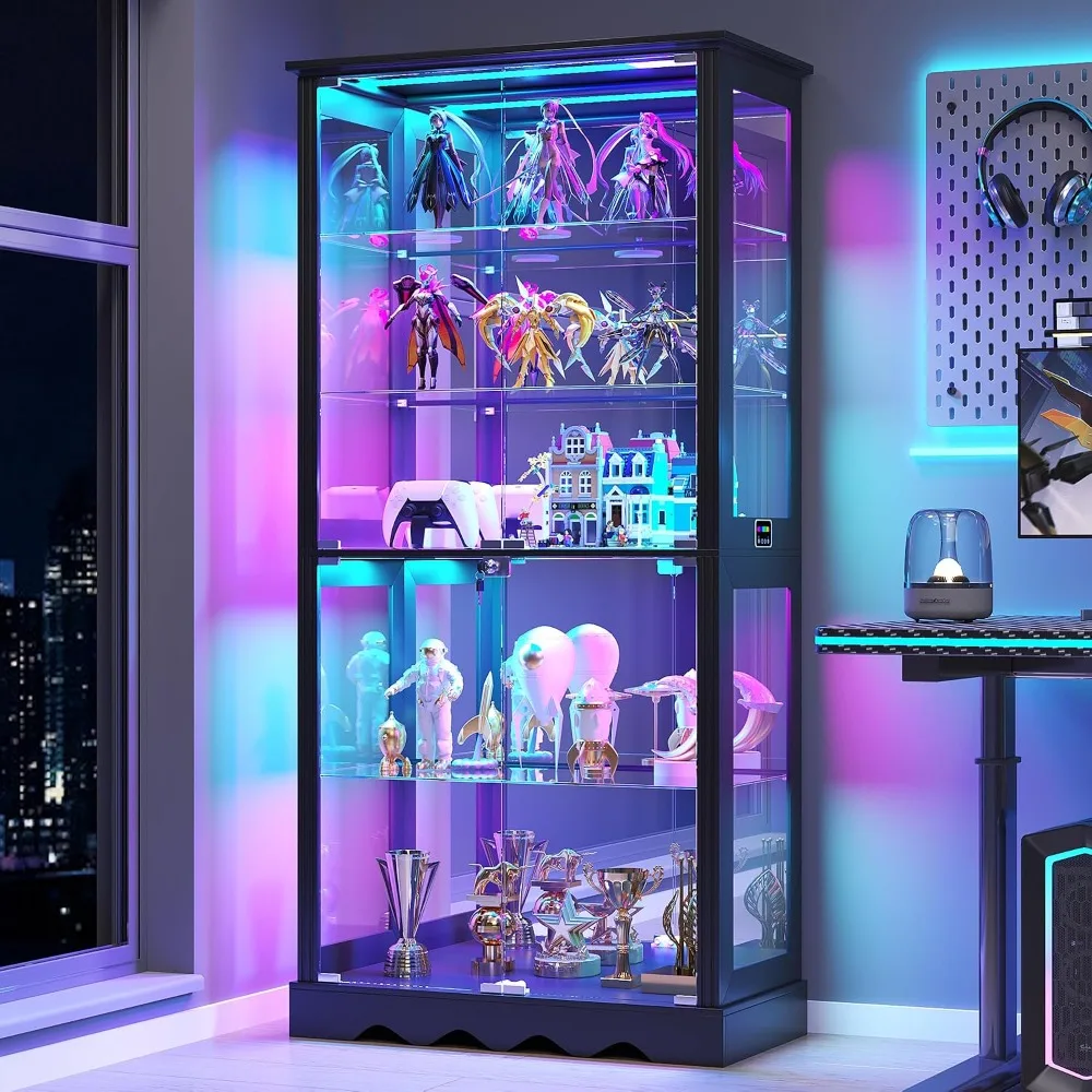 Display Cabinet with Glass Doors and RGB Lights for Collectibles