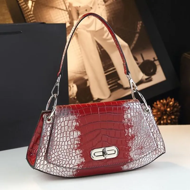 

2025 New Fashion Genuine Leather Women Handbags Crocodile Pattern Shoulder Messenger Saddle Bag Single Crossbody Bags Tide