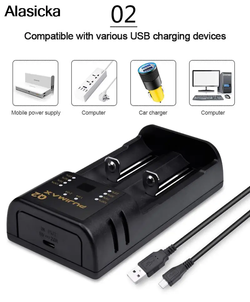 2 Slots Li-ion/Lithium Battery Charger with LED Smart Indicator USB Cable For 18650 14400 26650 1.2V AA/AAA NiMH Chargers