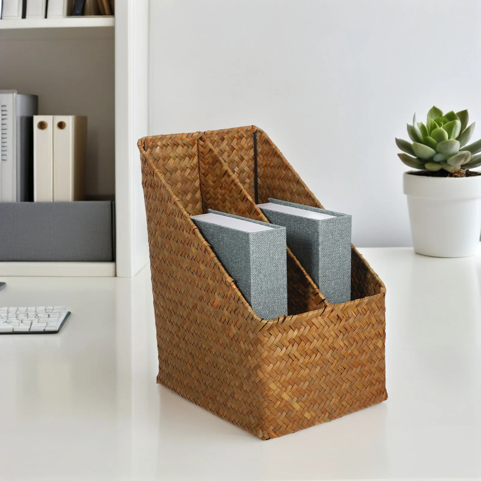 

Desktop File Organizer Woven Basket Rustic Storage Box for Books Magazines Stationery Office Home Study Room Supply