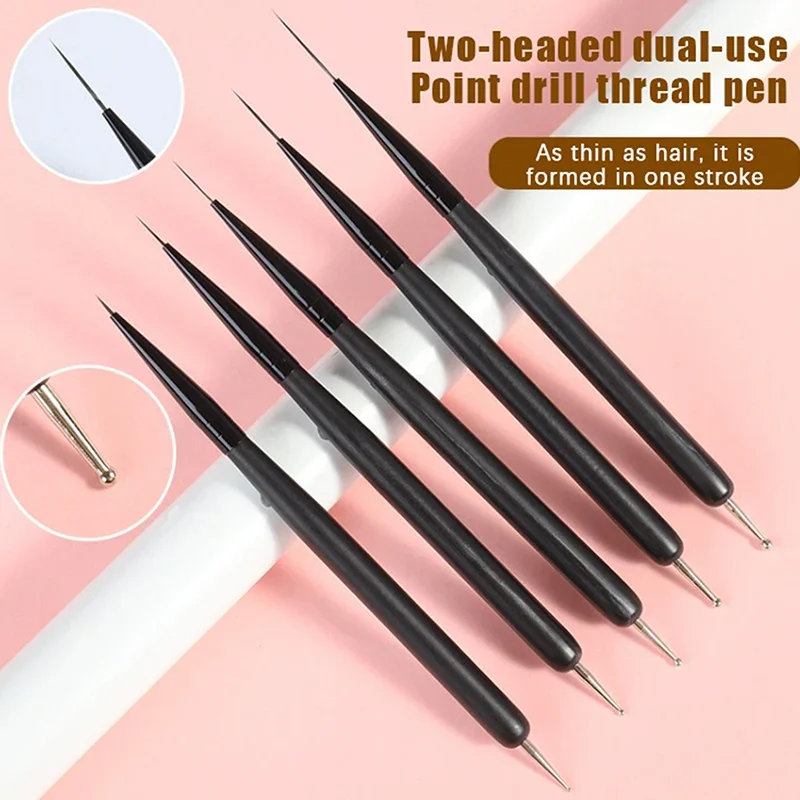 5Pcs/pack Nylon Dual Use Nail Dotting Bead Nail Art Liner Pen Nail Painting Brush Drawing Lines UV GEL Extension Manicure Tool