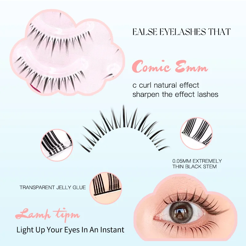 5 Paar natürliche, transparente Wimpern mit Stiel, Fee, falsche Wimpern, Handrippenhaar, weiches Cartoon-Augen-Make-up, Manga-Wimpern